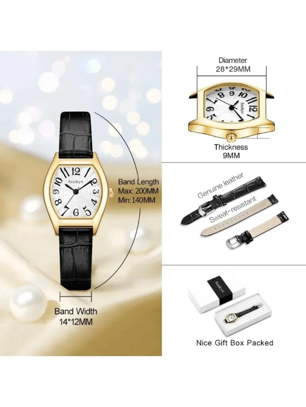 Women's Black Gold Barrel-Shaped Easy Read Arabic Numerals Dress Wrist Watch
